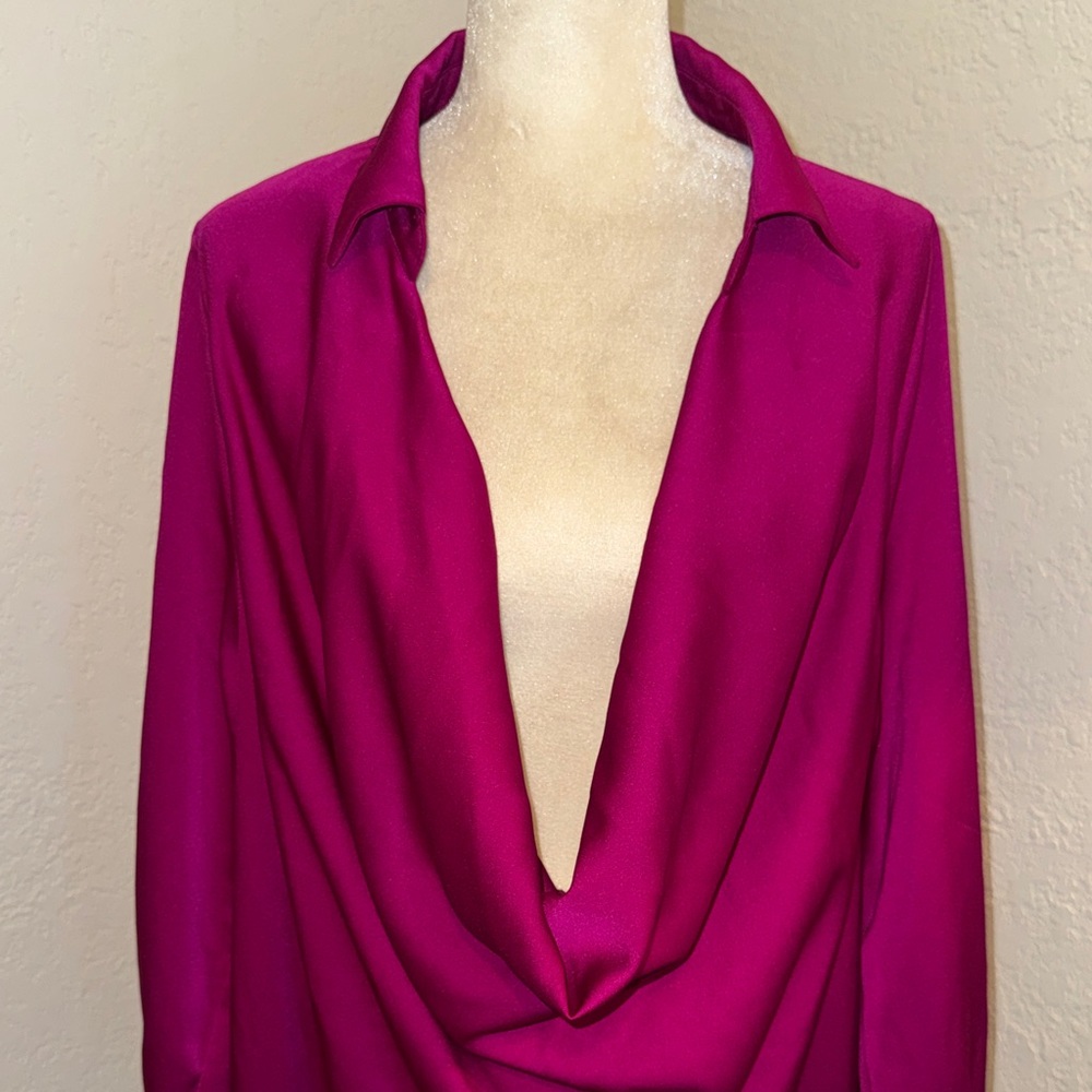 Fashion Nova Deep Drape Cowl Back Long Sleeve Dress in Fuchsia - Picture 2 of 4